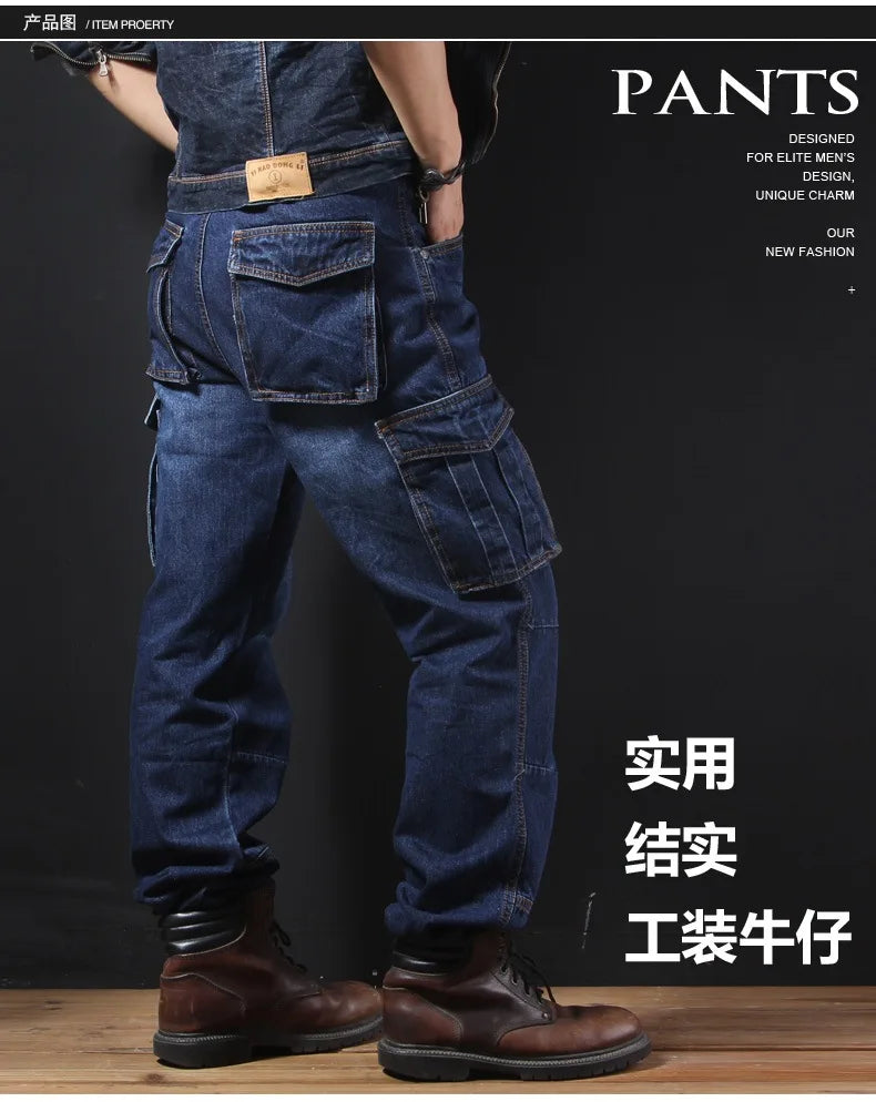 Men's Multi-Pocket Straight Cargo Jeans Loose Casual Jeans