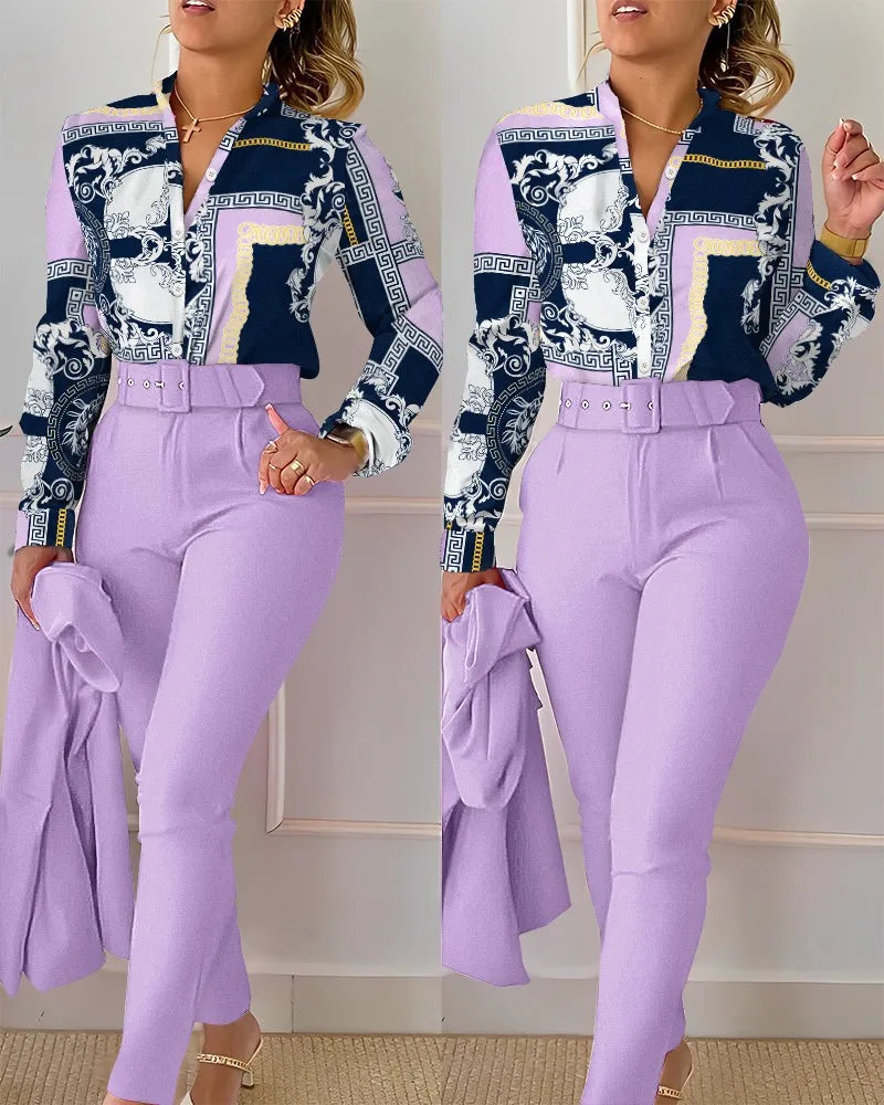 Stand Neck Floral Print Long Sleeve Shirt Pants Two Piece Sets Elegant Women Casual Shirt Trousers Suits With Belt