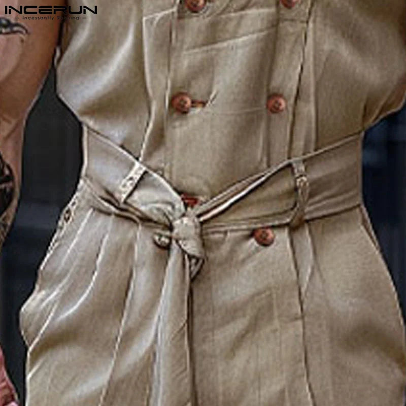 Men Jumpsuits Solid Color Double Breasted Lapel Sleeveless Lace Up Male Rompers Fashion Casual Overalls S-5XL