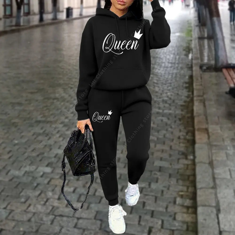 Queen Letter Graphic Print Women's Sets Hoodies Pants 2pcs Suit Autumn Winter Sports Jogging High quality Aesthetic Tracksuit