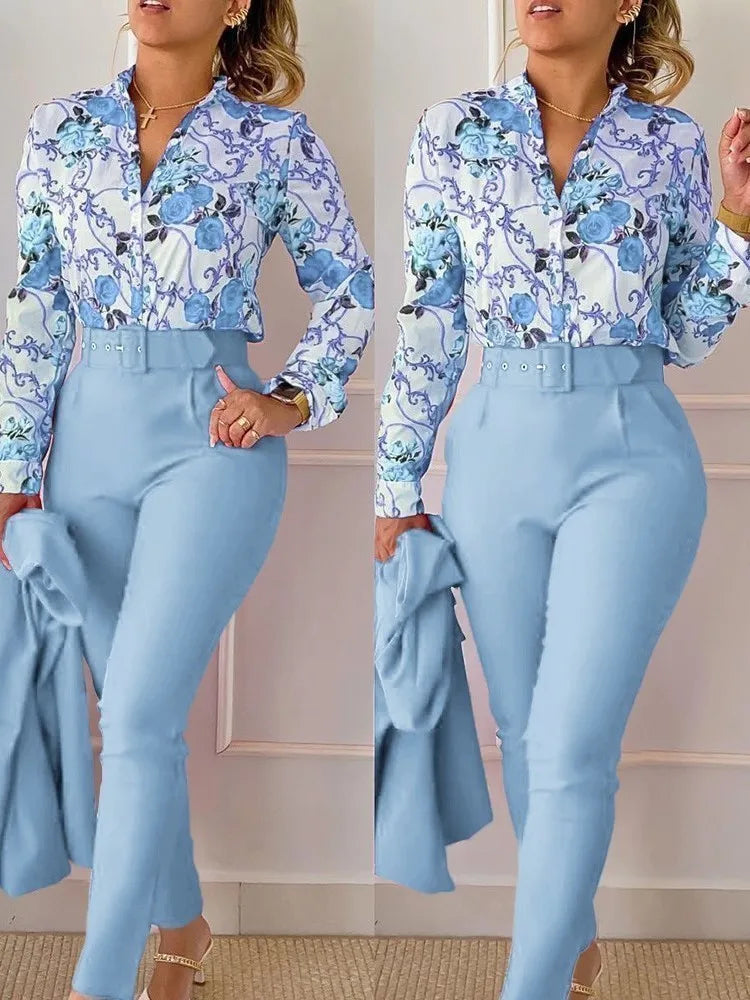 Stand Neck Floral Print Long Sleeve Shirt Pants Two Piece Sets Elegant Women Casual Shirt Trousers Suits With Belt