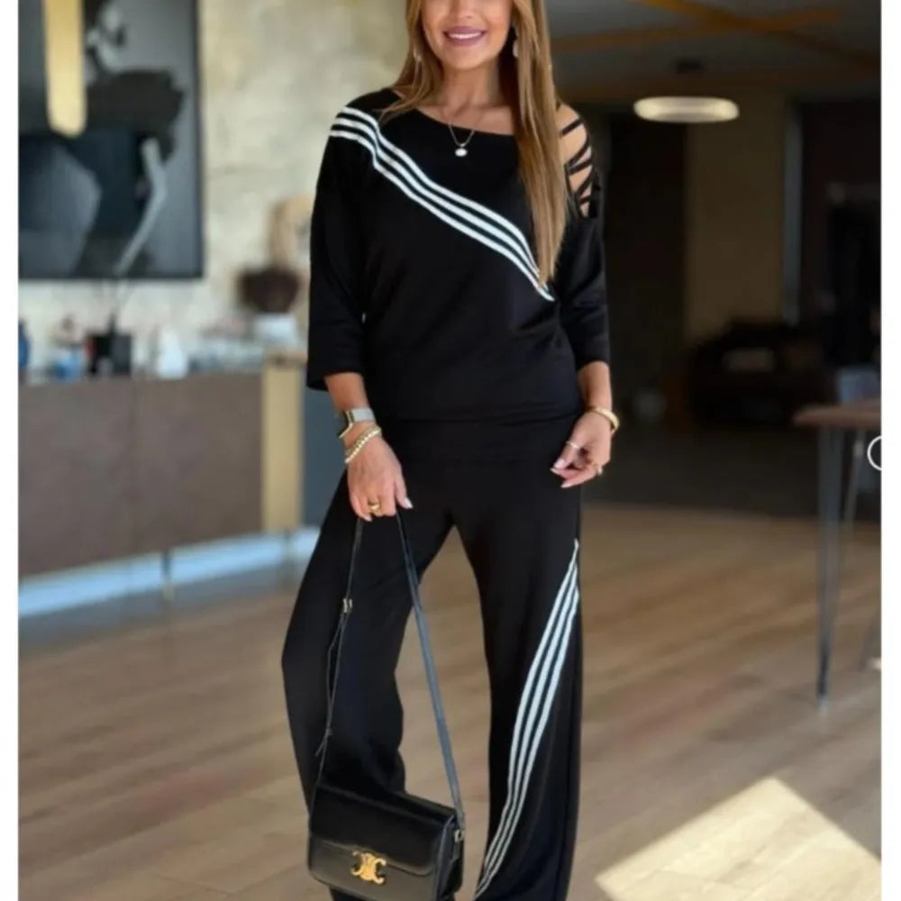 Fashion Printed Striped Cutout 7-inch Sleeve T-shirt Women Long Pants 2piece Set Autumn Casual Loose Sport Long Pants Set