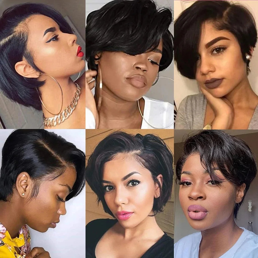 Sleek Short Human Hair Wigs Remy Brazilian Hair Wigs 613 Blonde Lace Wigs L Part Pixie Cut Wig Black Short Lace Wigs