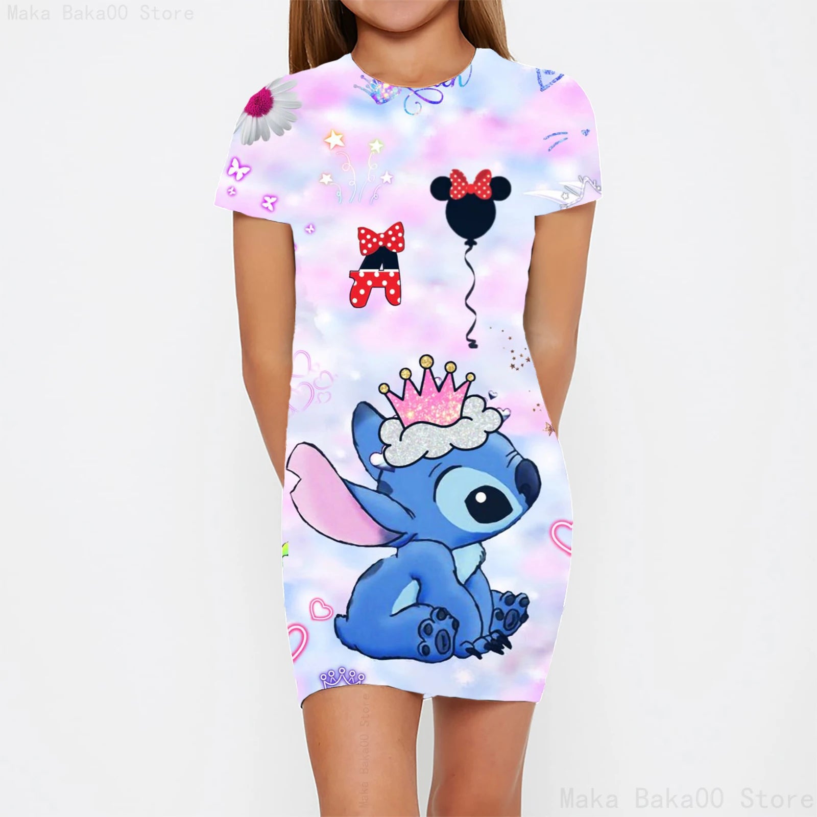 Stitch round neck short-sleeved skirt girls cartoon print tights clothes