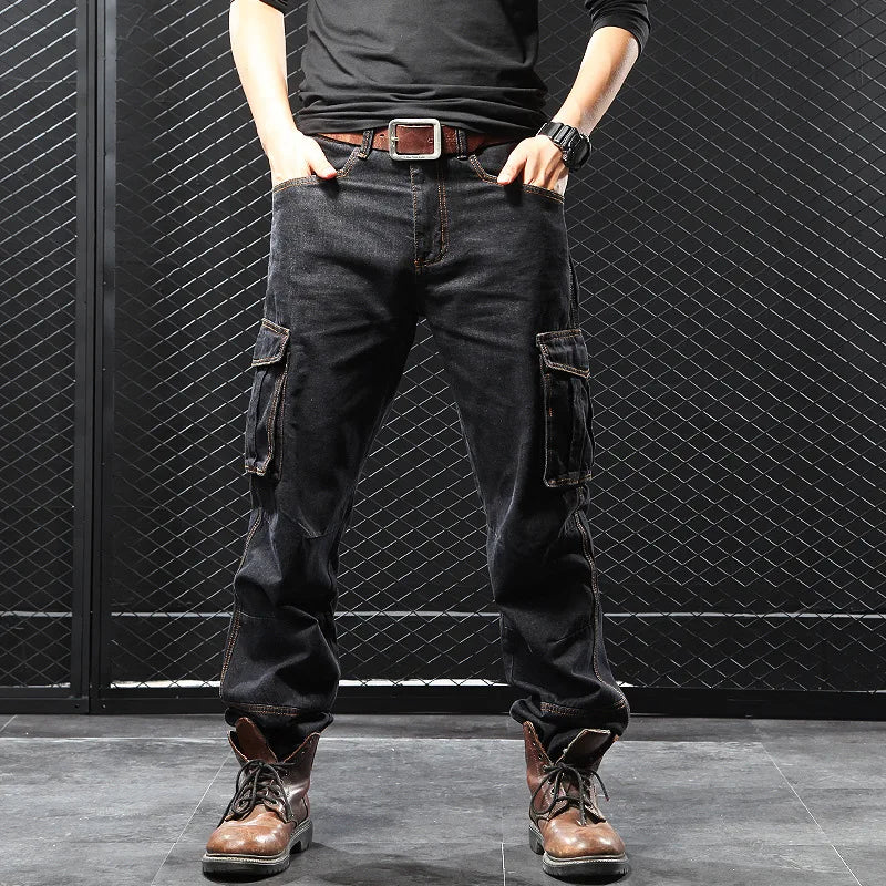Men's Multi-Pocket Straight Cargo Jeans Loose Casual Jeans