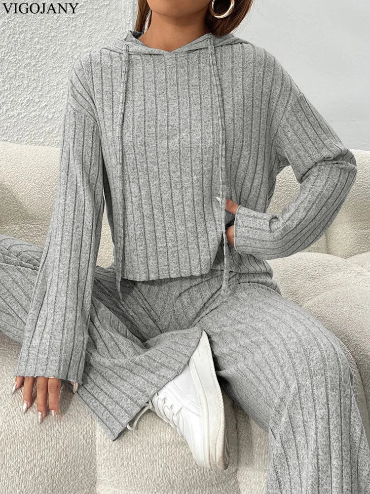 Knit Long Sleeve Pullover Set Winter Casual Knitted High Waist Long Pants Suit Women Hooded Gray Sport Two Piece Set