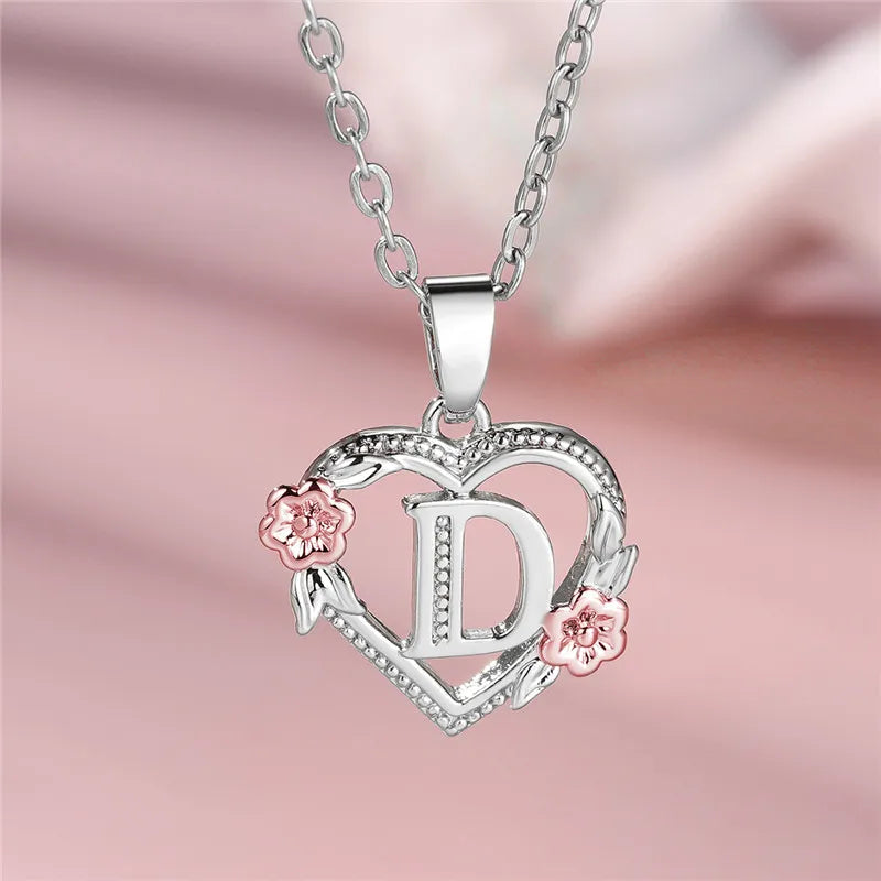 Cute Female A-Z Letter Flower Pendant Necklace Silver Color  Jewelry Gift For Women