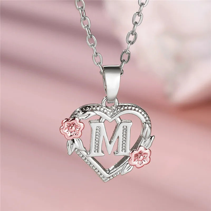 Cute Female A-Z Letter Flower Pendant Necklace Silver Color  Jewelry Gift For Women