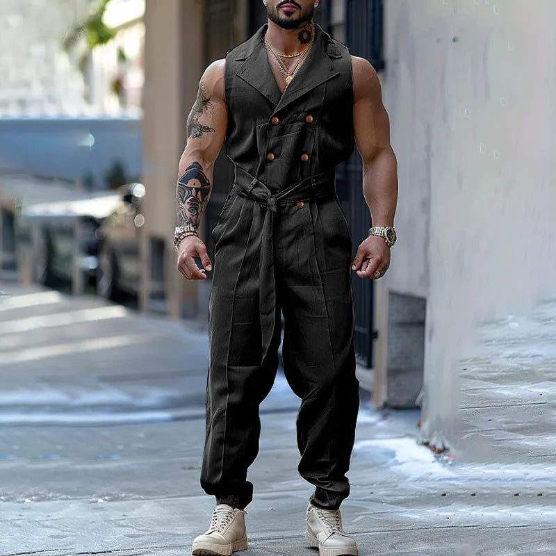 Men Jumpsuits Solid Color Double Breasted Lapel Sleeveless Lace Up Male Rompers Fashion Casual Overalls S-5XL