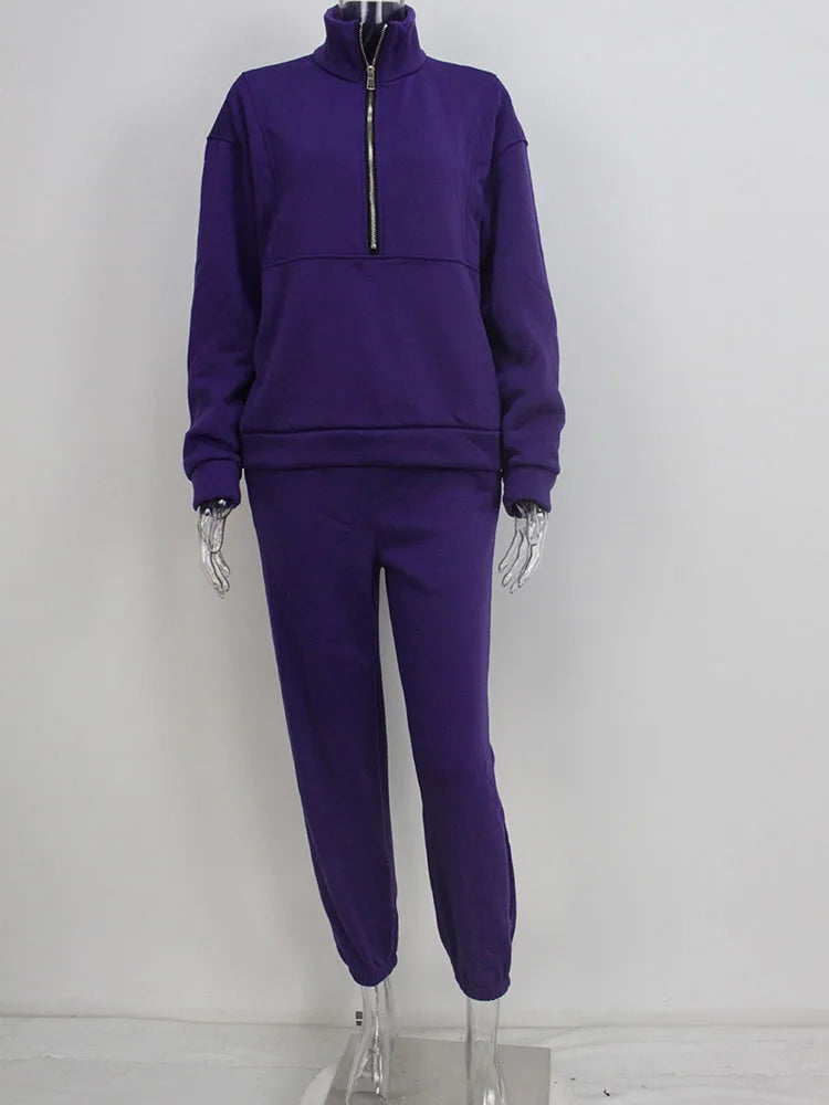 Sporty Sweatshirt Sets Two Pieces  Stand Collar Zip Long Sleeve Hoodie &High Elastic Sweat-pant Suits