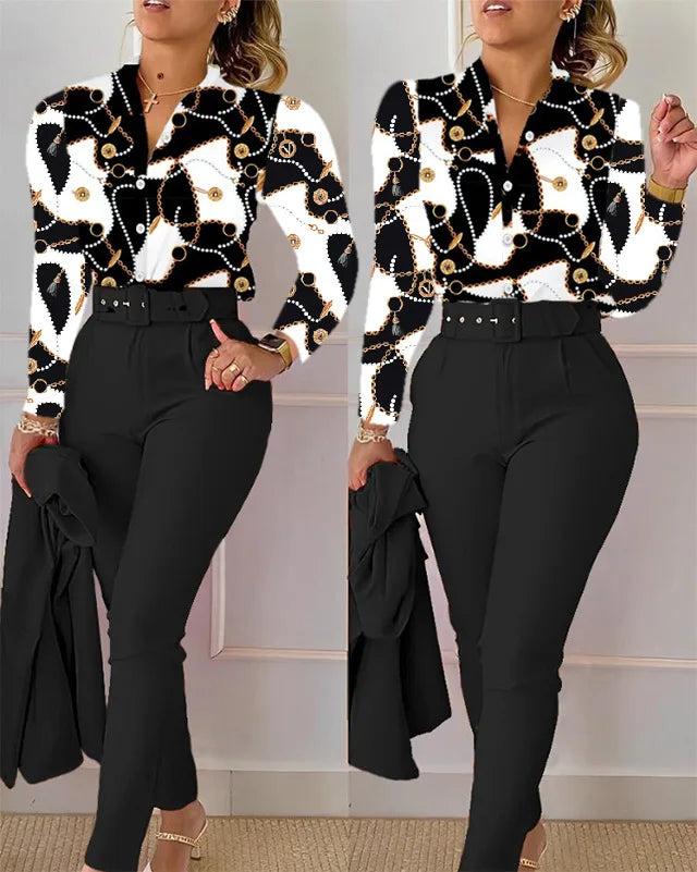 Stand Neck Floral Print Long Sleeve Shirt Pants Two Piece Sets Elegant Women Casual Shirt Trousers Suits With Belt