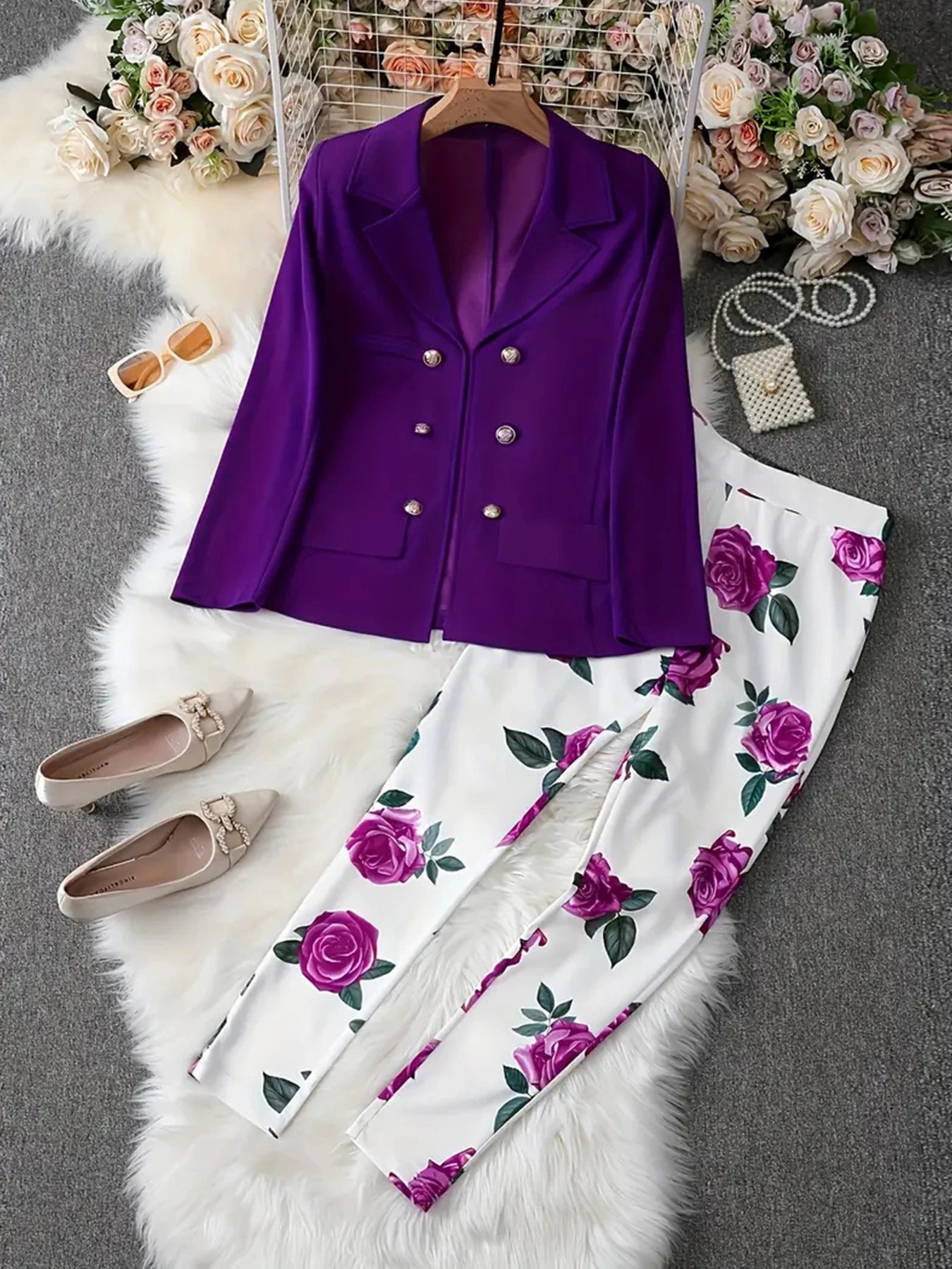 Ladies' Elegant Butterfly Print Two-Piece Suit, Long Sleeved Lapel Suit Jacket and Slim Fit Pants, Suitable for Office and Work