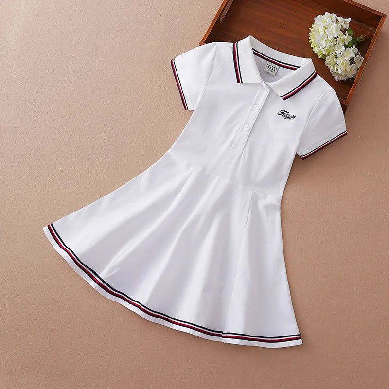 Girls Sport Dresses Cotton Turn-Down Collar Tennis Dress Short Sleeve Golf Dress for Children