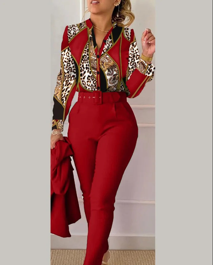 Stand Neck Floral Print Long Sleeve Shirt Pants Two Piece Sets Elegant Women Casual Shirt Trousers Suits With Belt