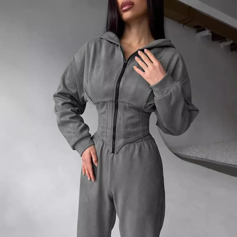 Autumn Solid Color Waist-Cinched Hooded Sweatshirt Long Pants 2-Piece Sporty Casual Set Women's Tracksuit Elegant