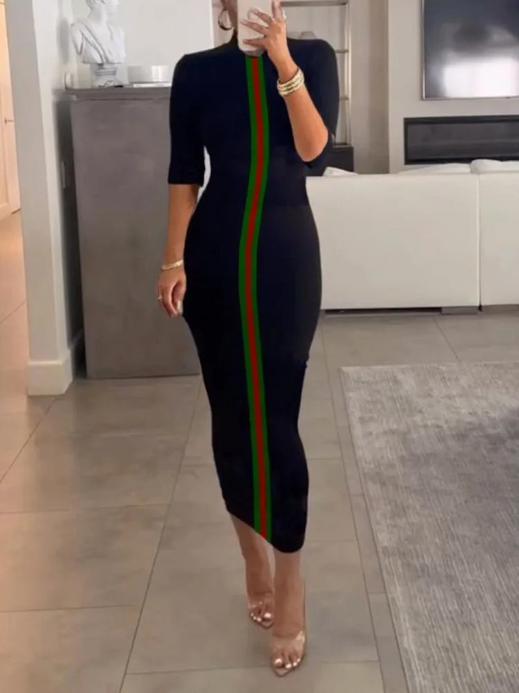 Contrast Color Striped Bodycon Dress Roun Neck Half Sleeves Slim Dresses