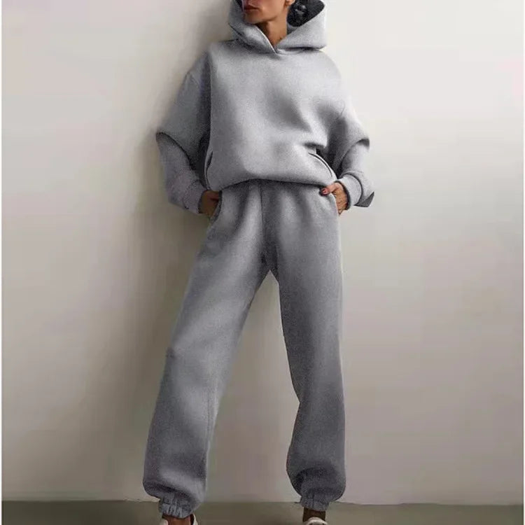 Women Tracksuit Set Solid Long Sleeve Sport Suits Autumn Winter Warm Hooded Sweatshirts And Jogger Pants  Two Piece Set