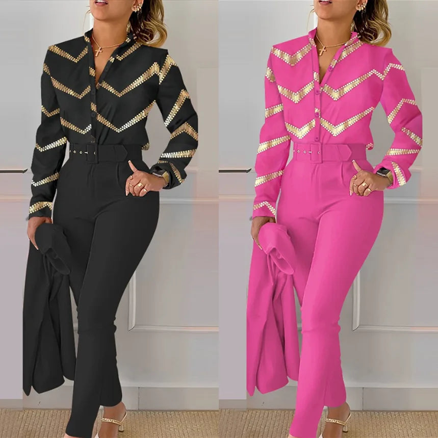 Stand Neck Floral Print Long Sleeve Shirt Pants Two Piece Sets Elegant Women Casual Shirt Trousers Suits With Belt