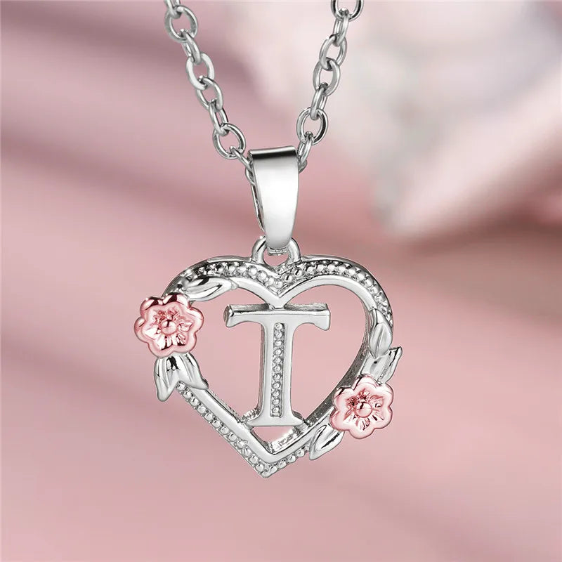 Cute Female A-Z Letter Flower Pendant Necklace Silver Color  Jewelry Gift For Women