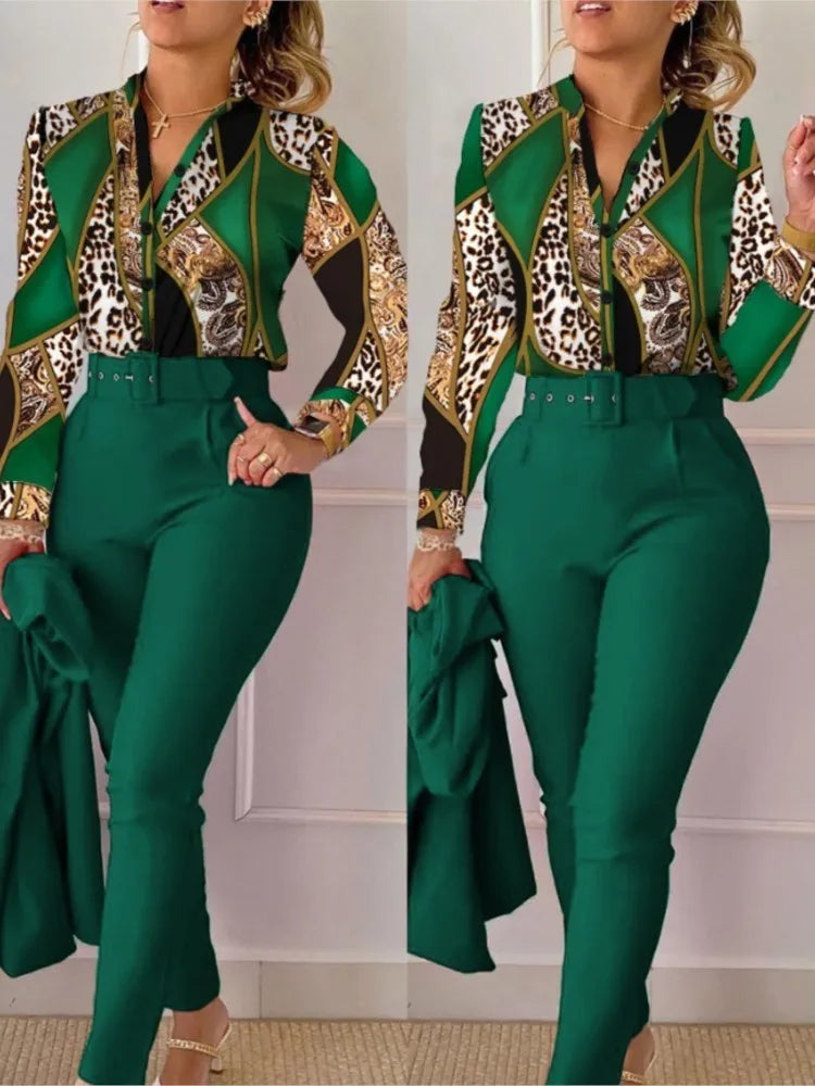 Stand Neck Floral Print Long Sleeve Shirt Pants Two Piece Sets Elegant Women Casual Shirt Trousers Suits With Belt