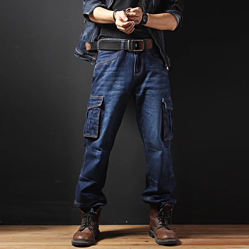 Men's Multi-Pocket Straight Cargo Jeans Loose Casual Jeans