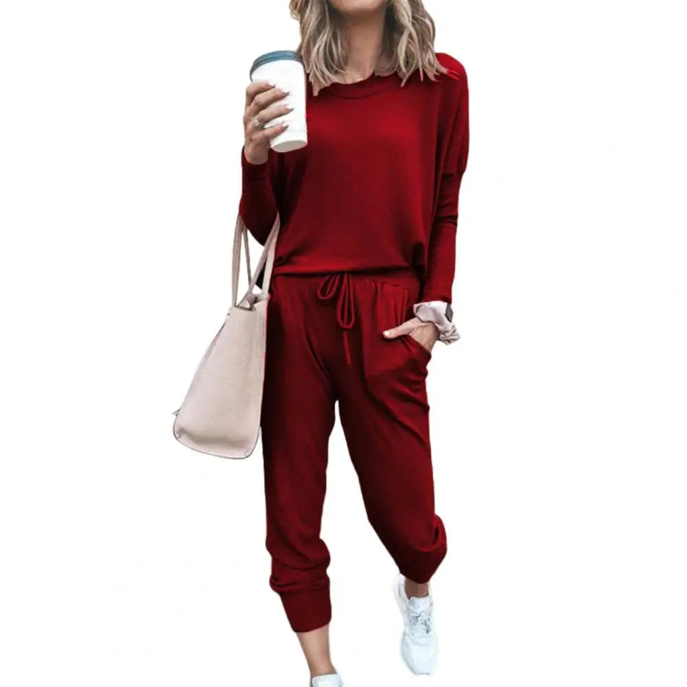 Drawstring Elastic Waist Sweatpants Set Fashion Sporty Casual Pullover Tops Pants Set Lady Tracksuit Set