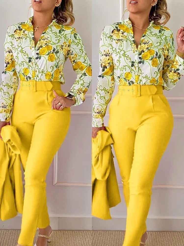 Stand Neck Floral Print Long Sleeve Shirt Pants Two Piece Sets Elegant Women Casual Shirt Trousers Suits With Belt