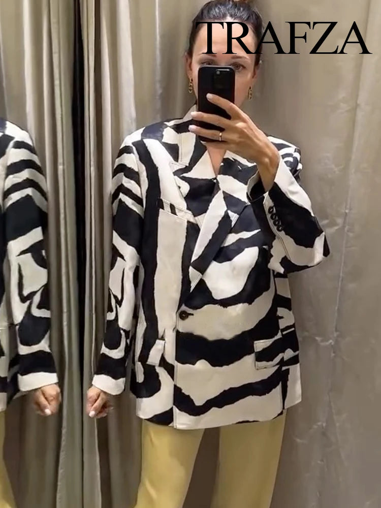 Women Zebra Stripes Suit  Pocket Single Deduction Decorate Turn-Down Collar Blazer Jacket+Zipper Casual Wide-Leg Pants