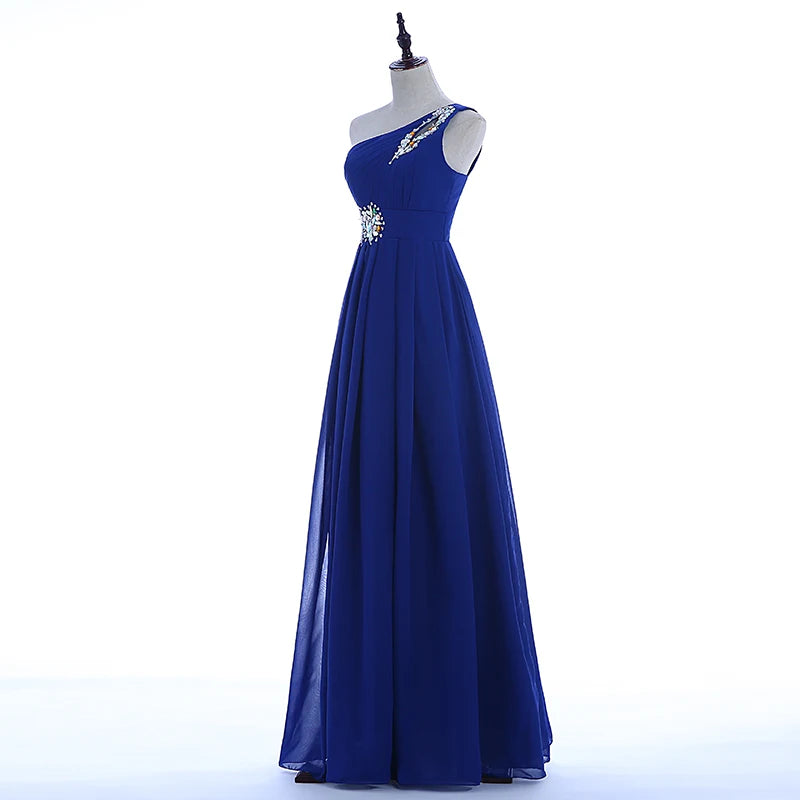 Women Robe De Soire Long Formal Blue Evening Dress Party One Shoulder Chiffon Lace-up Maxi Plus Size