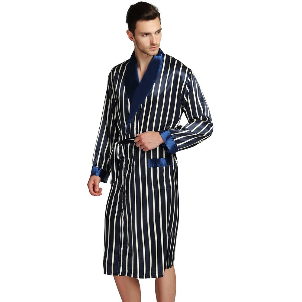 Mens Silk Satin Pajamas Sleepwear Robe Robes Nightgown  Robes   S M  L XL 2XL 3XL Plus Beige Blue Striped