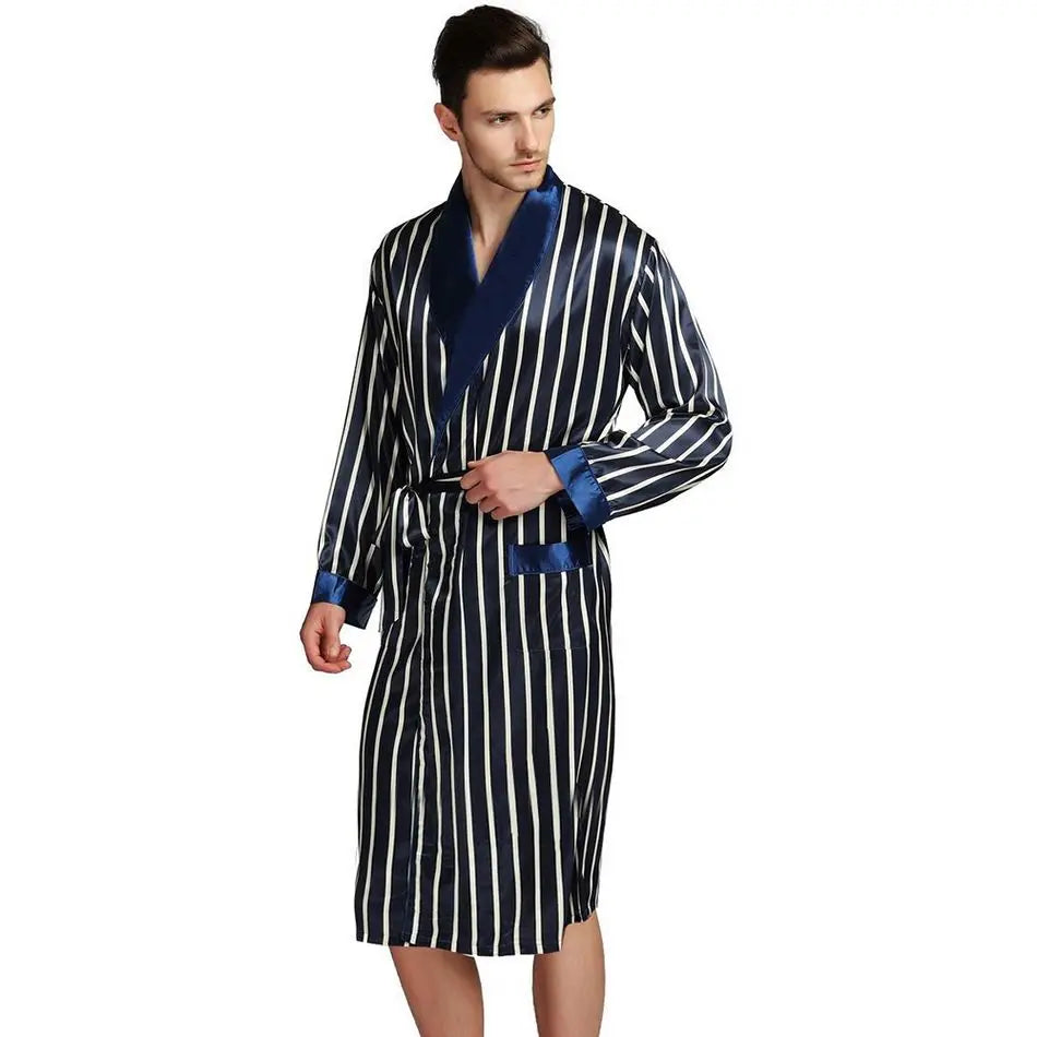 Mens Silk Satin Pajamas Sleepwear Robe Robes Nightgown  Robes   S M  L XL 2XL 3XL Plus Beige Blue Striped