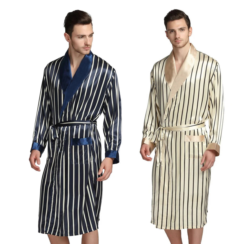 Mens Silk Satin Pajamas Sleepwear Robe Robes Nightgown  Robes   S M  L XL 2XL 3XL Plus Beige Blue Striped