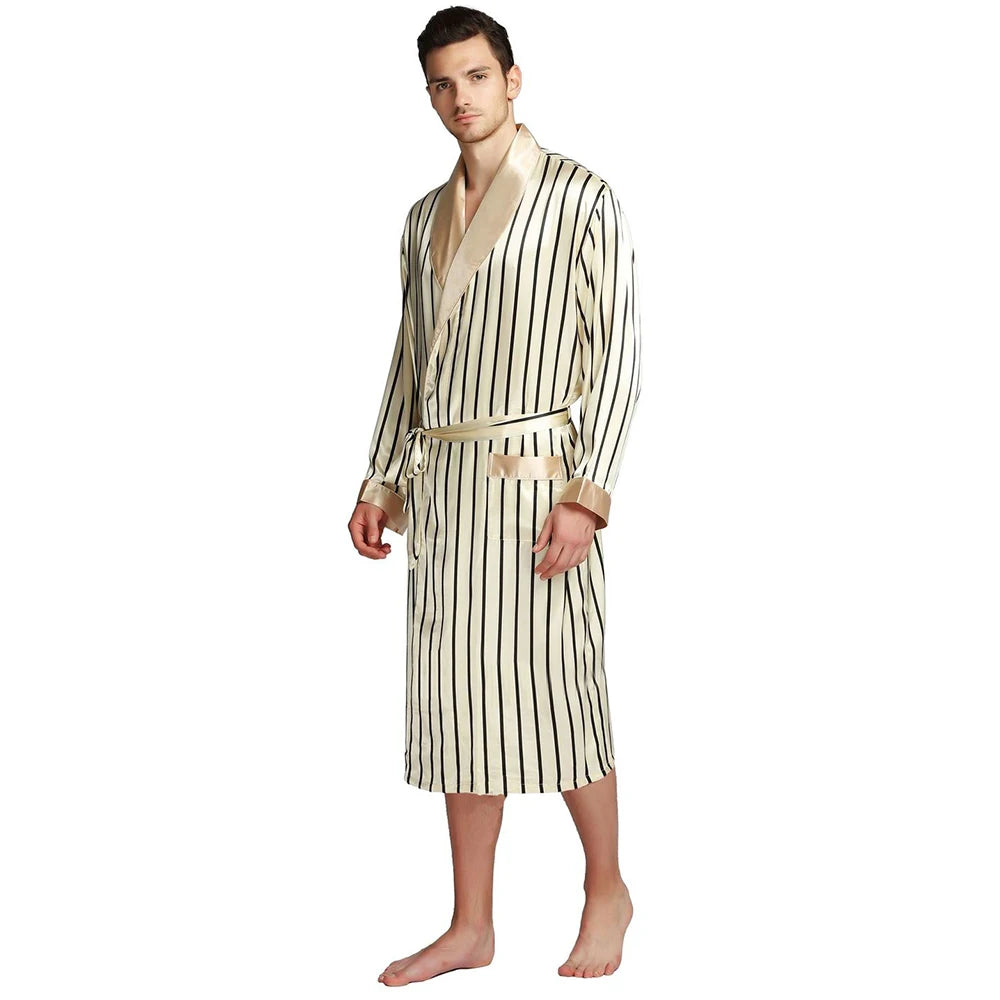 Mens Silk Satin Pajamas Sleepwear Robe Robes Nightgown  Robes   S M  L XL 2XL 3XL Plus Beige Blue Striped