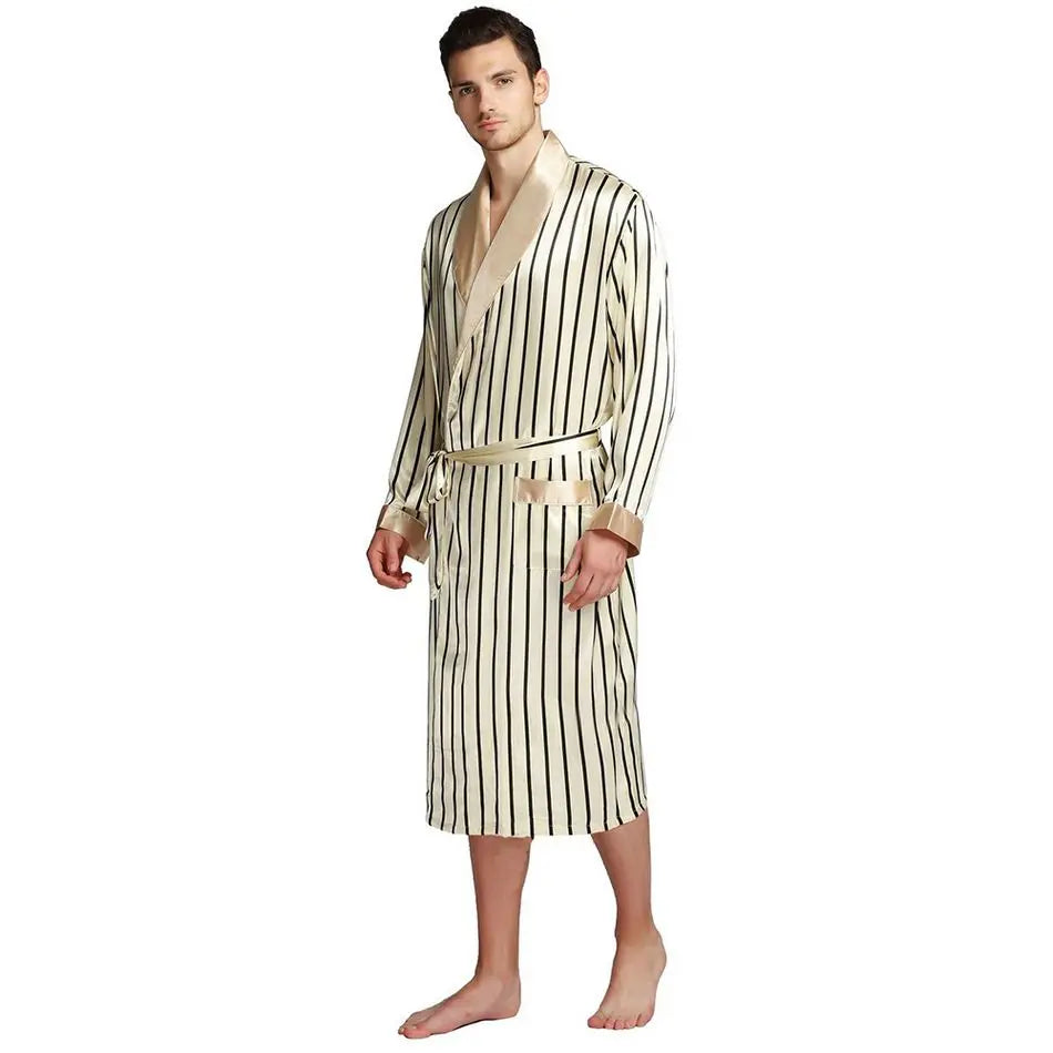 Mens Silk Satin Pajamas Sleepwear Robe Robes Nightgown  Robes   S M  L XL 2XL 3XL Plus Beige Blue Striped